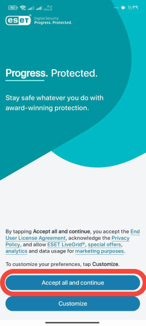 (تصویر مرحله دوم: نمایش صفحه توافقنامه و دکمه Accept all and continue)