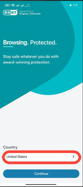 (تصویر مرحله سوم: نمایش صفحه انتخاب کشور و انتخاب United States)