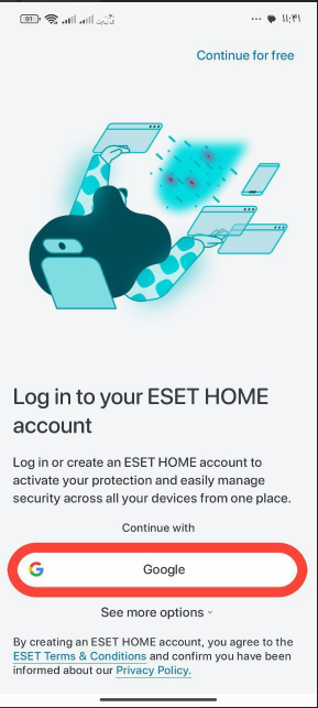 (تصویر مرحله چهارم: نمایش صفحه ورود به حساب ESET HOME و دکمه Continue with Google)